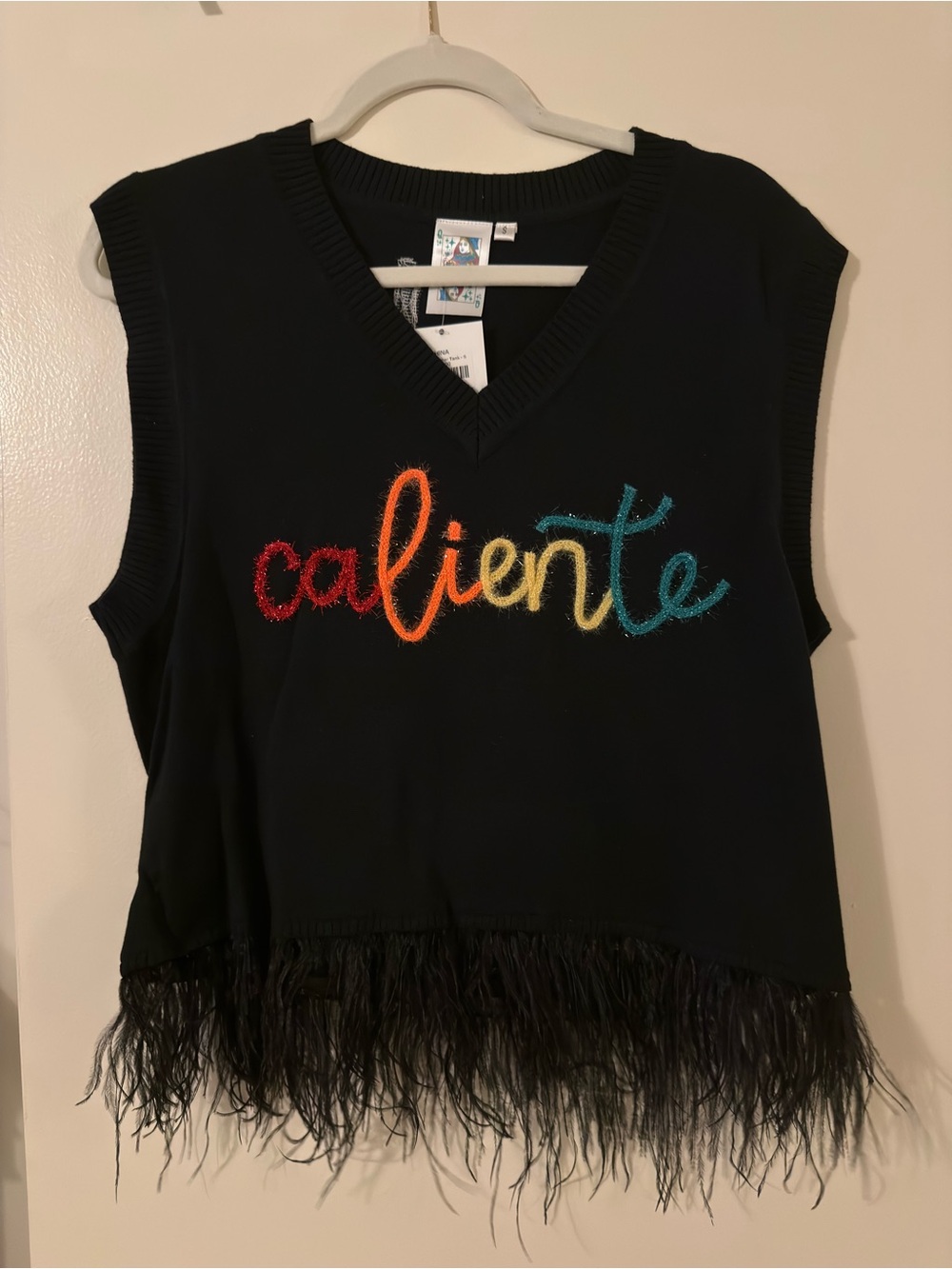 QUEEN OF SPARKLES Black Tank with Rainbow "caliente" Script and Feathered Hem